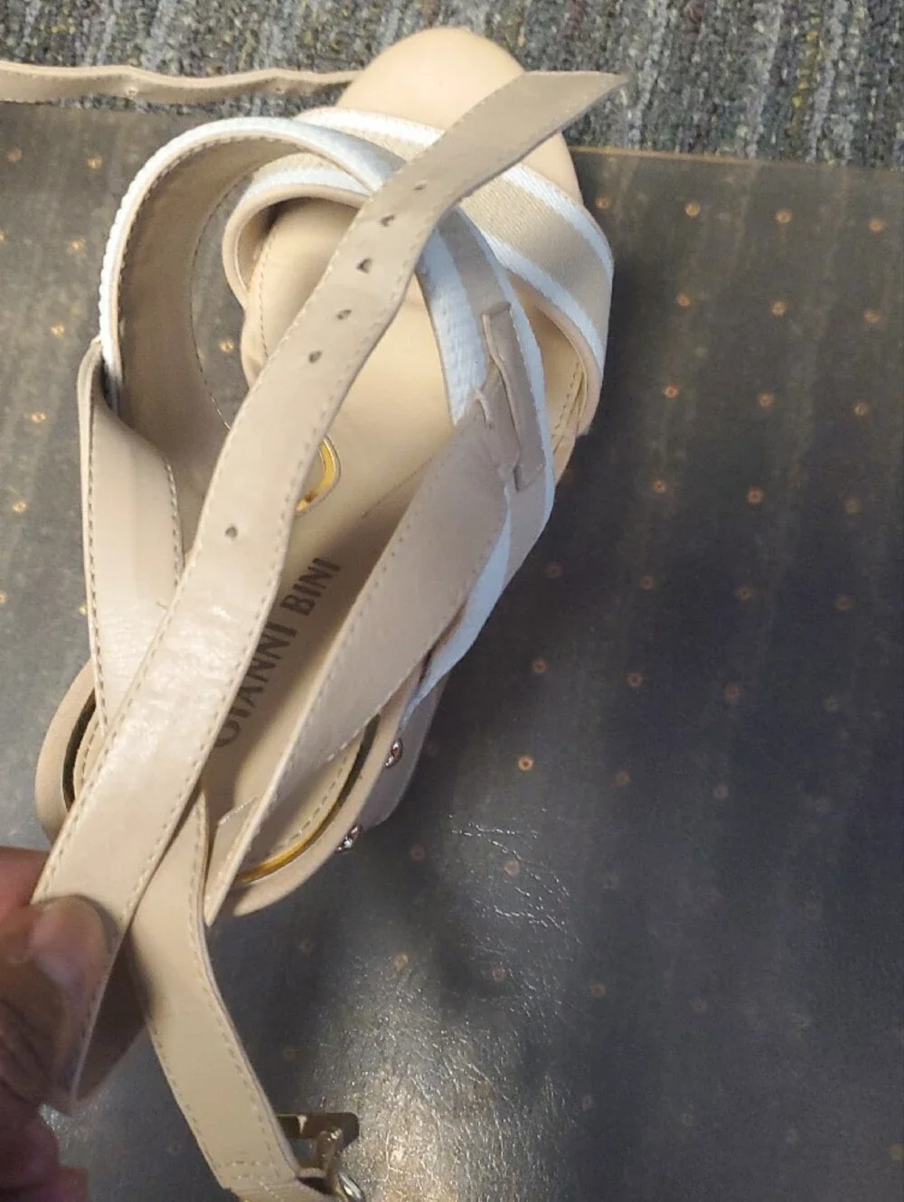 Gianni Bini Beige and White Strappy Block Heel Sandals